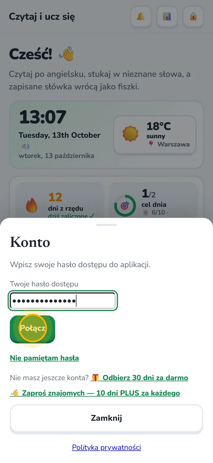 Okno logowania z wpisanym hasłem