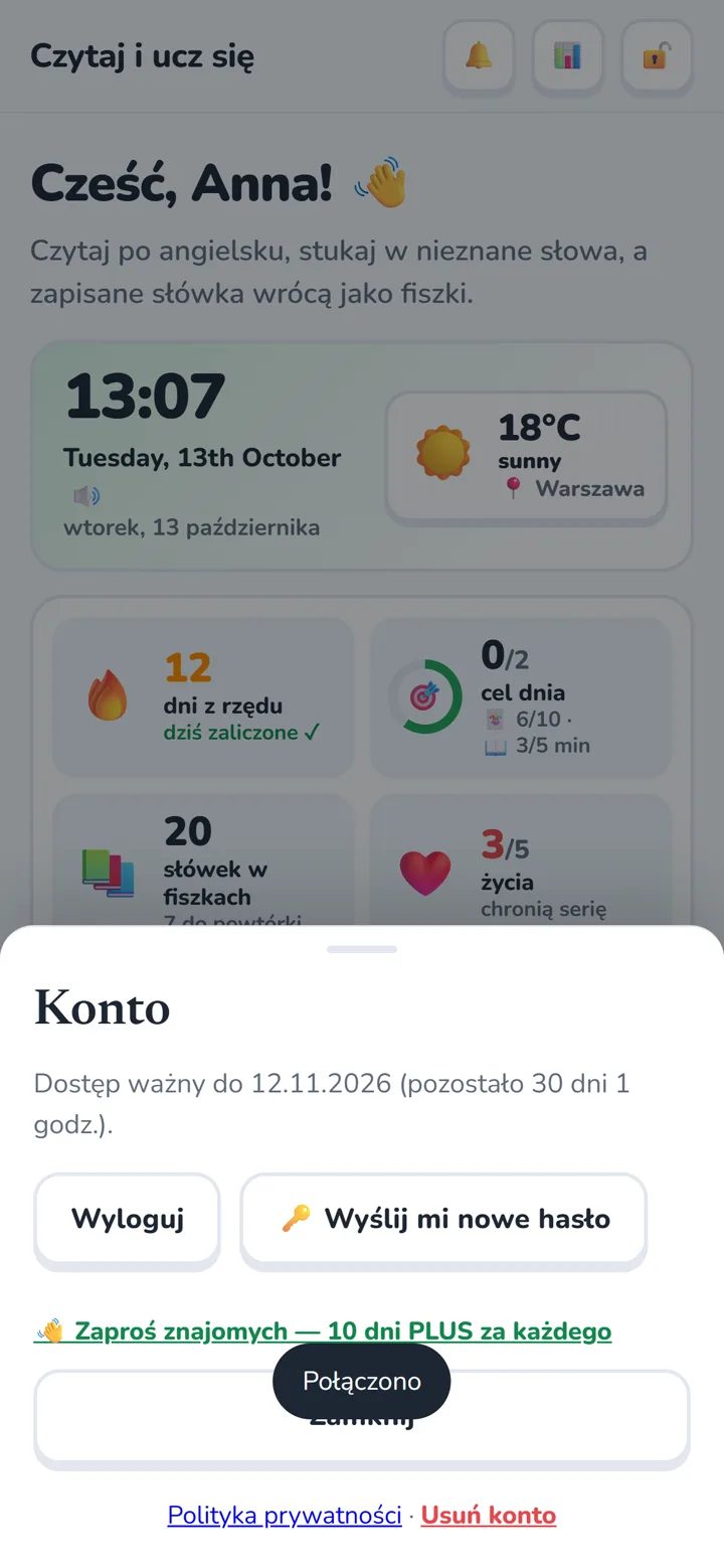 Potwierdzenie połączenia i data ważności