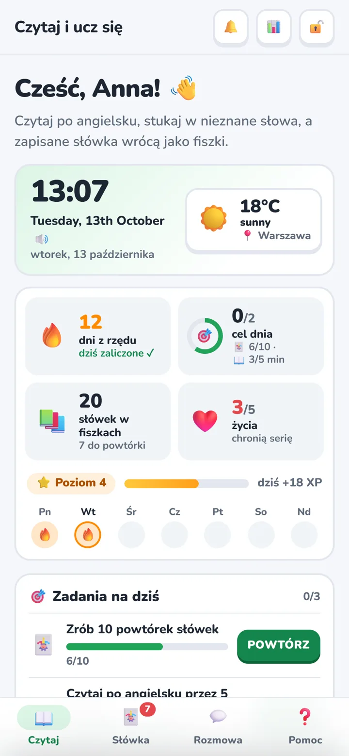 Ekran główny z kafelkami serii, celu dnia, słówek i żyć