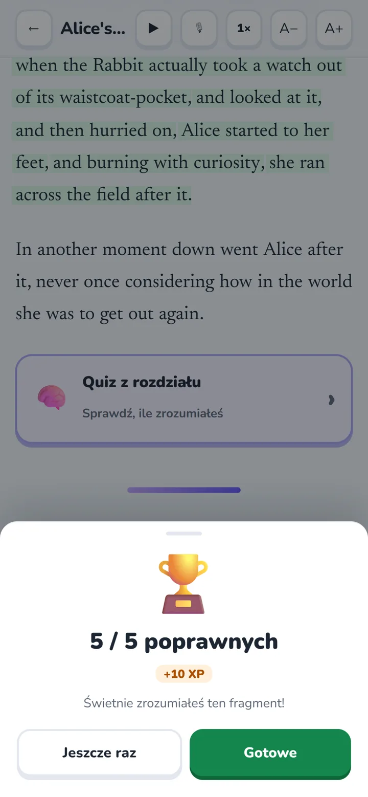 Wynik quizu ze zdobytymi punktami