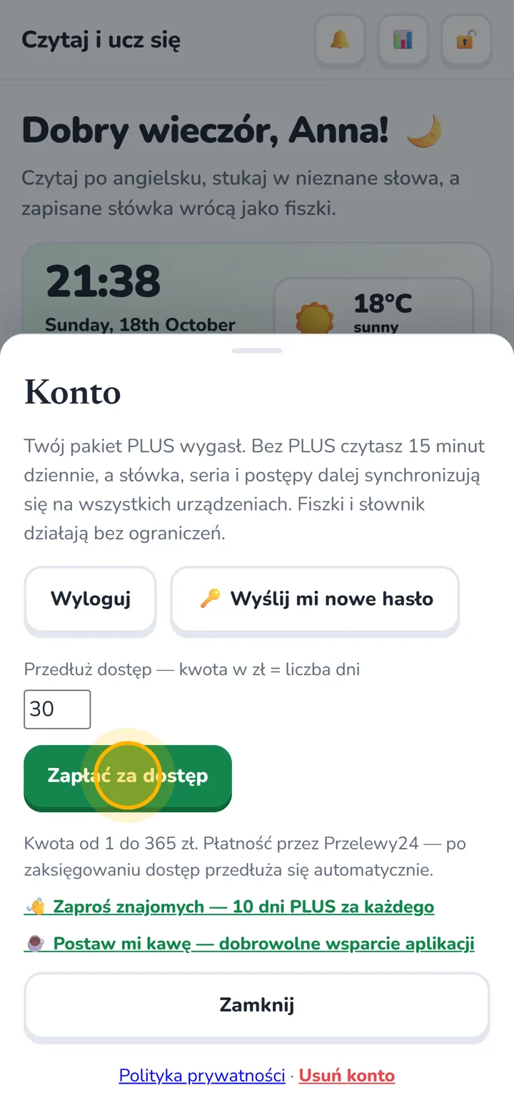 Okno przedłużenia dostępu z kwotą