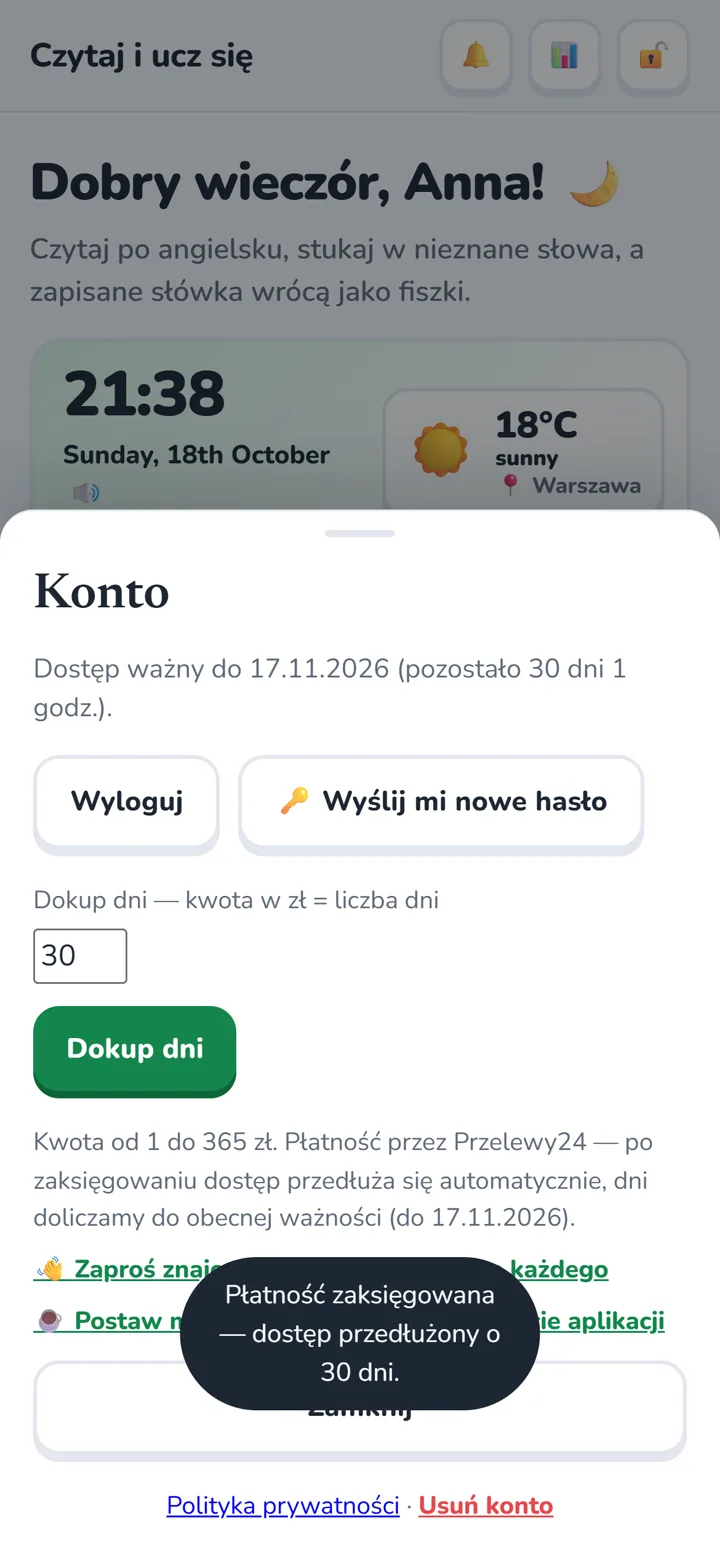 Potwierdzenie przedłużenia dostępu