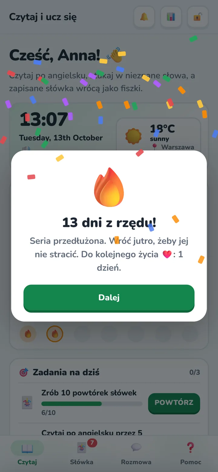 Okienko z gratulacjami za serię