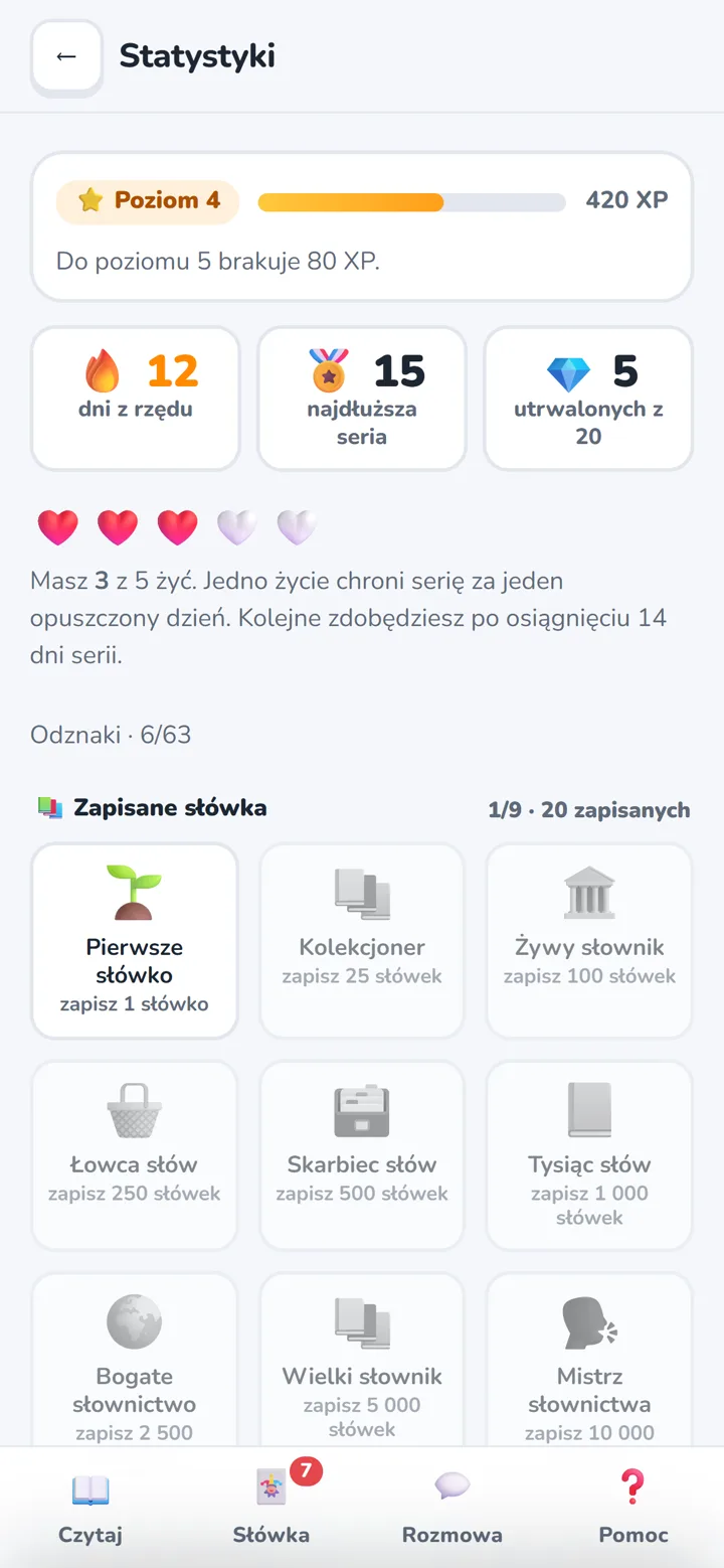 Statystyki: poziom, seria i życia