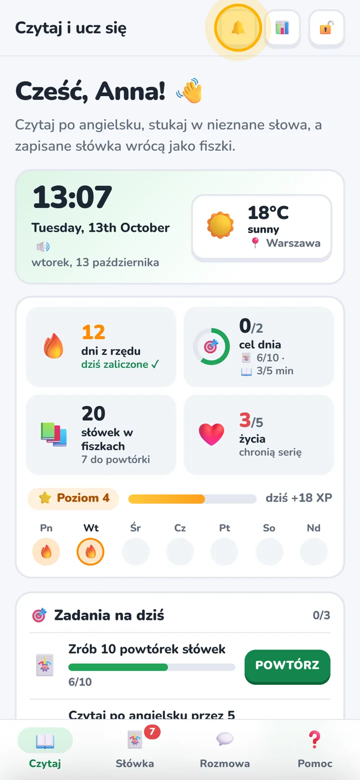 Przycisk przypomnień w prawym górnym rogu