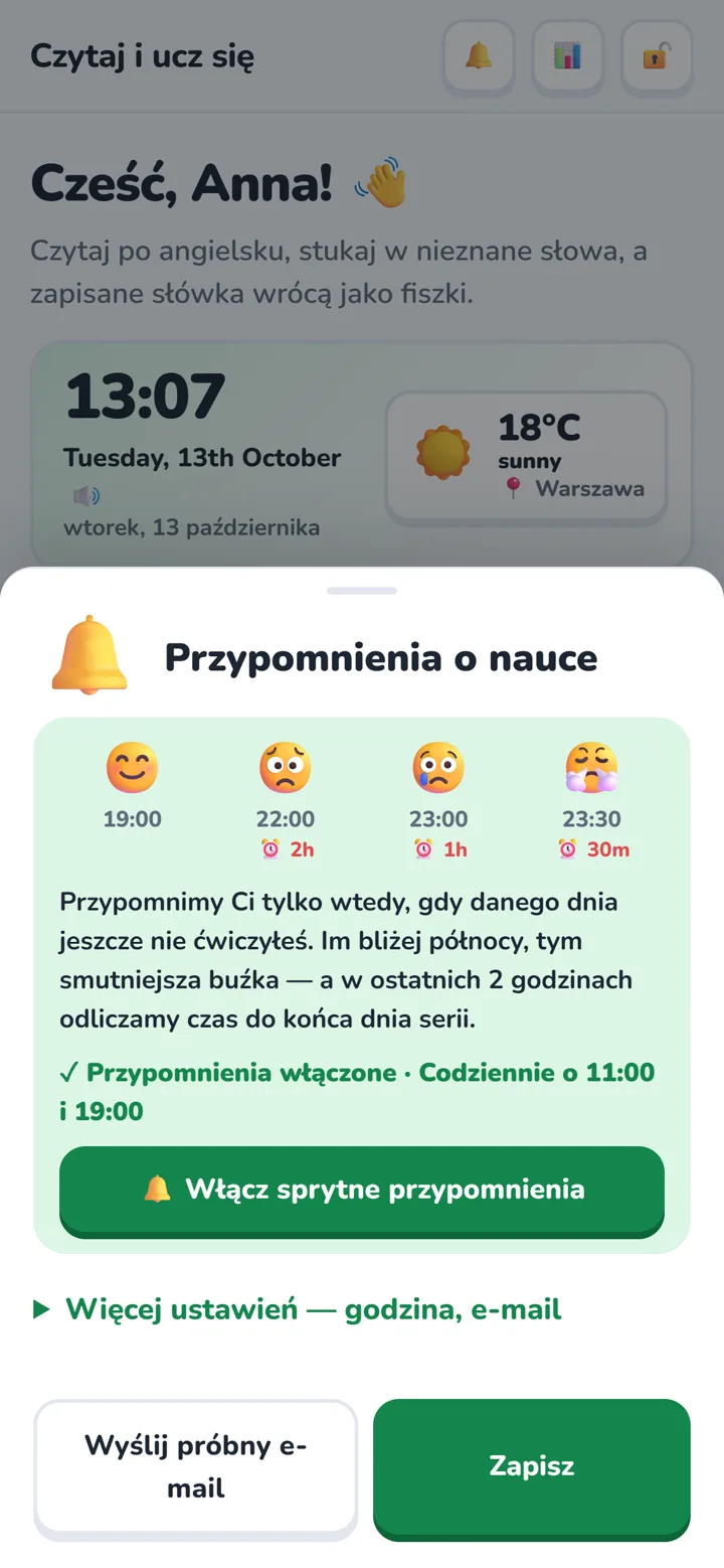 Wybór częstotliwości i godziny przypomnień