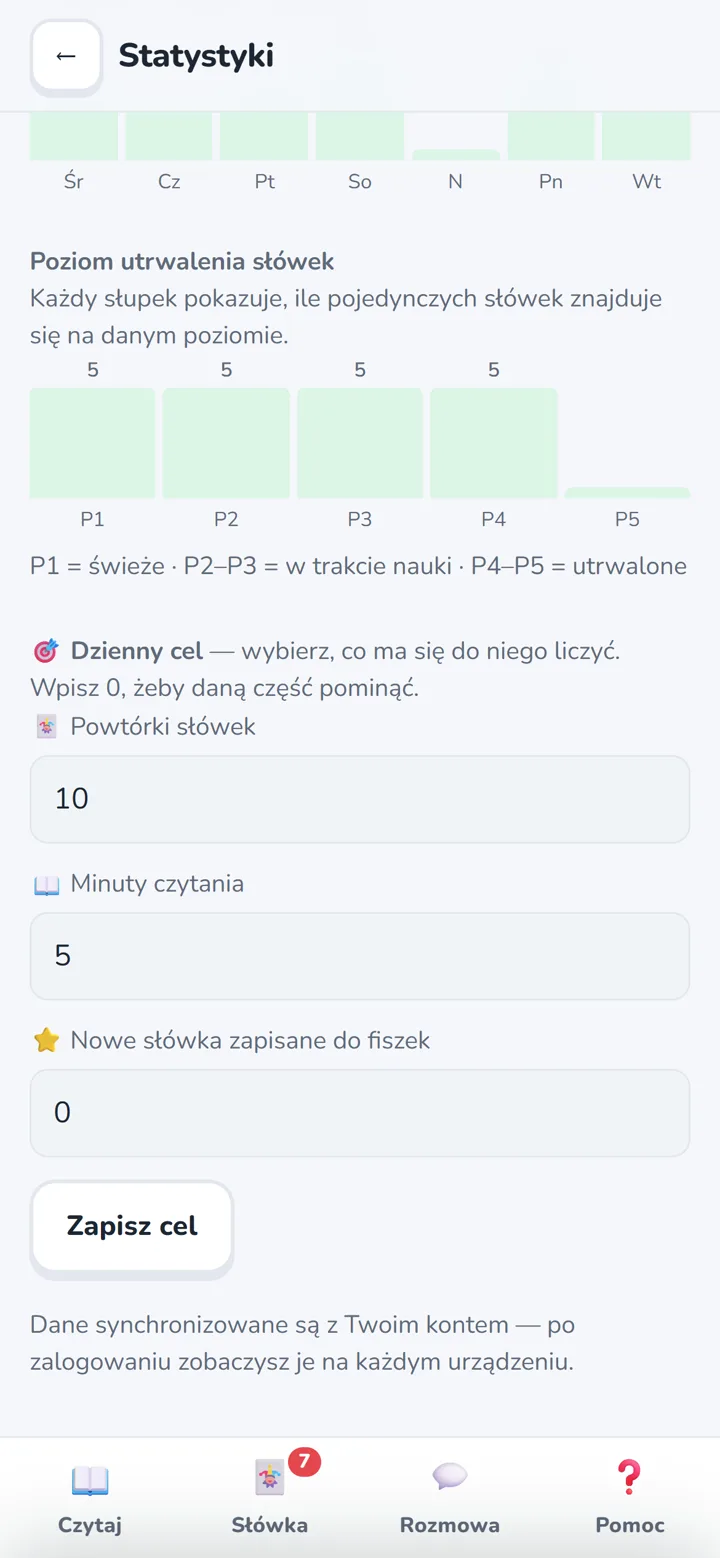 Ustawienia celu dnia: powtórki, minuty czytania, nowe słówka