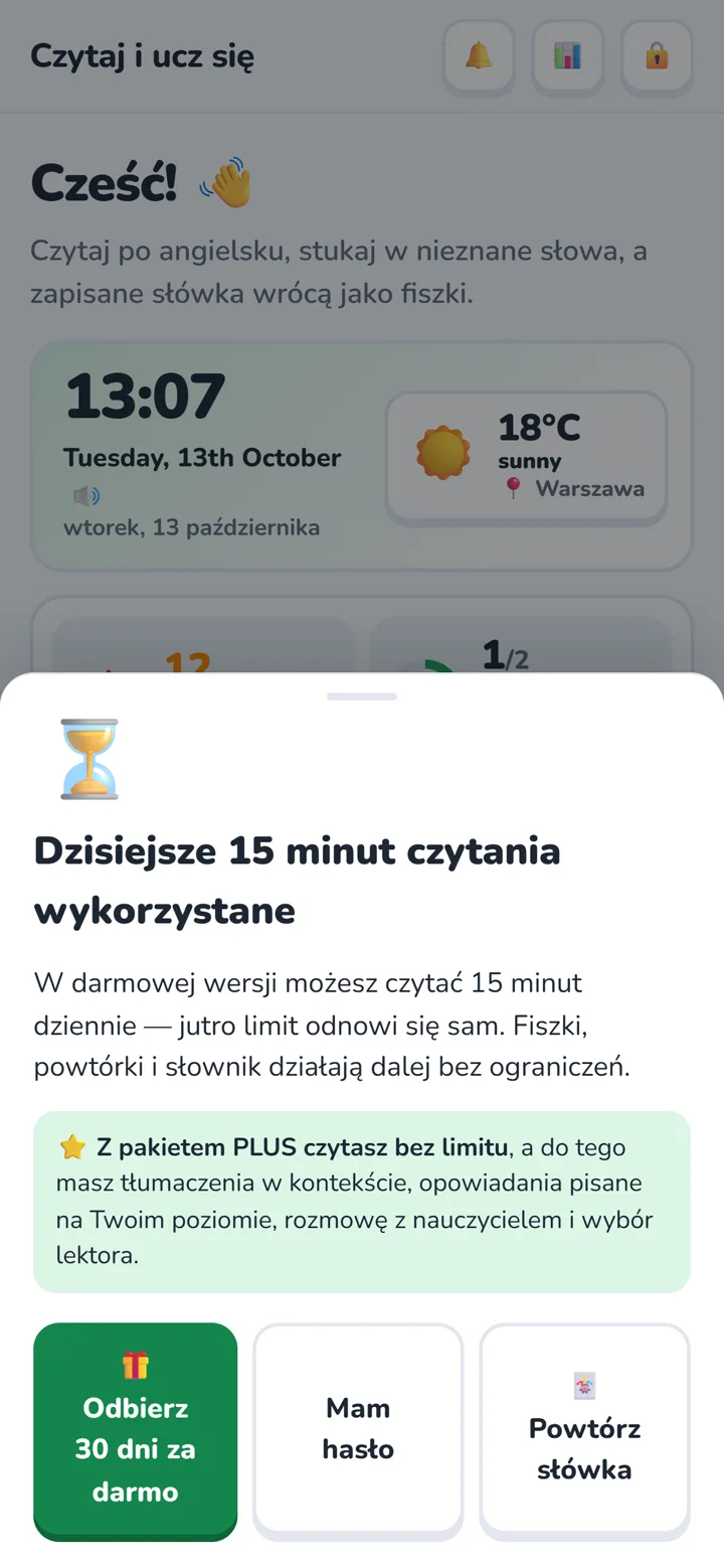 Okienko po wykorzystaniu 15 minut czytania