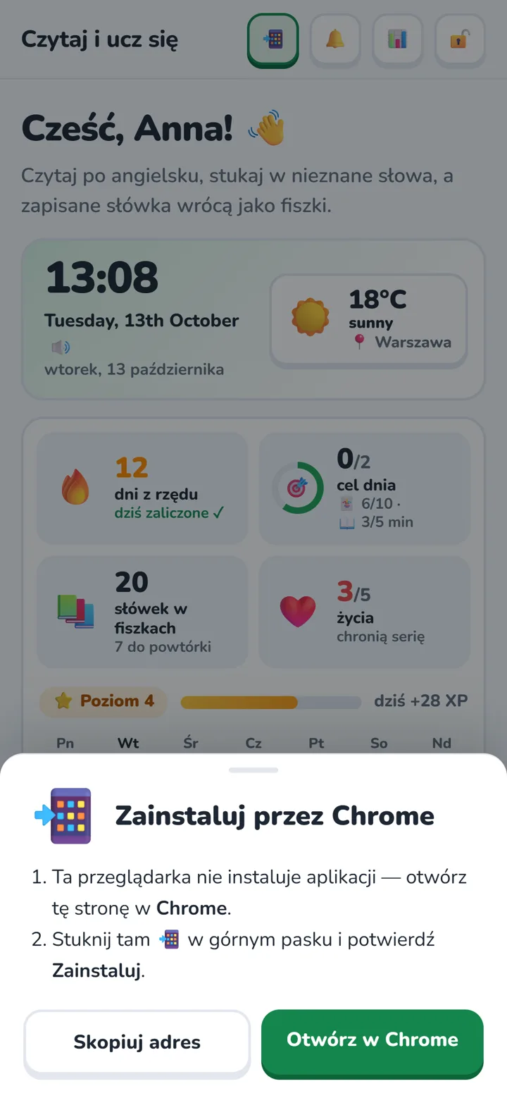 Okienko z przyciskiem Otwórz w Chrome