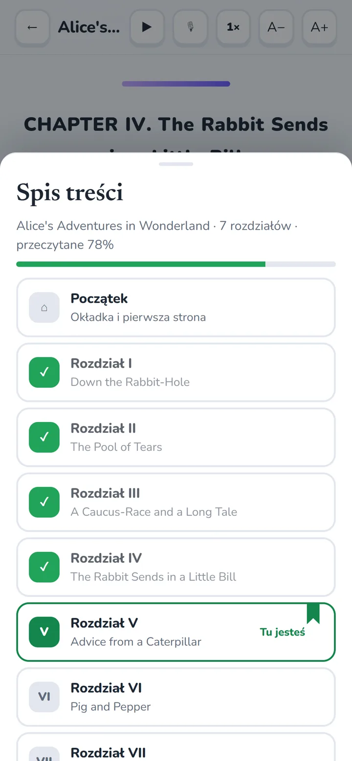 Spis treści z zaznaczonym bieżącym rozdziałem