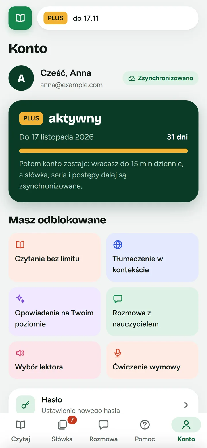 Zakładka Konto po zalogowaniu: data ważności PLUS