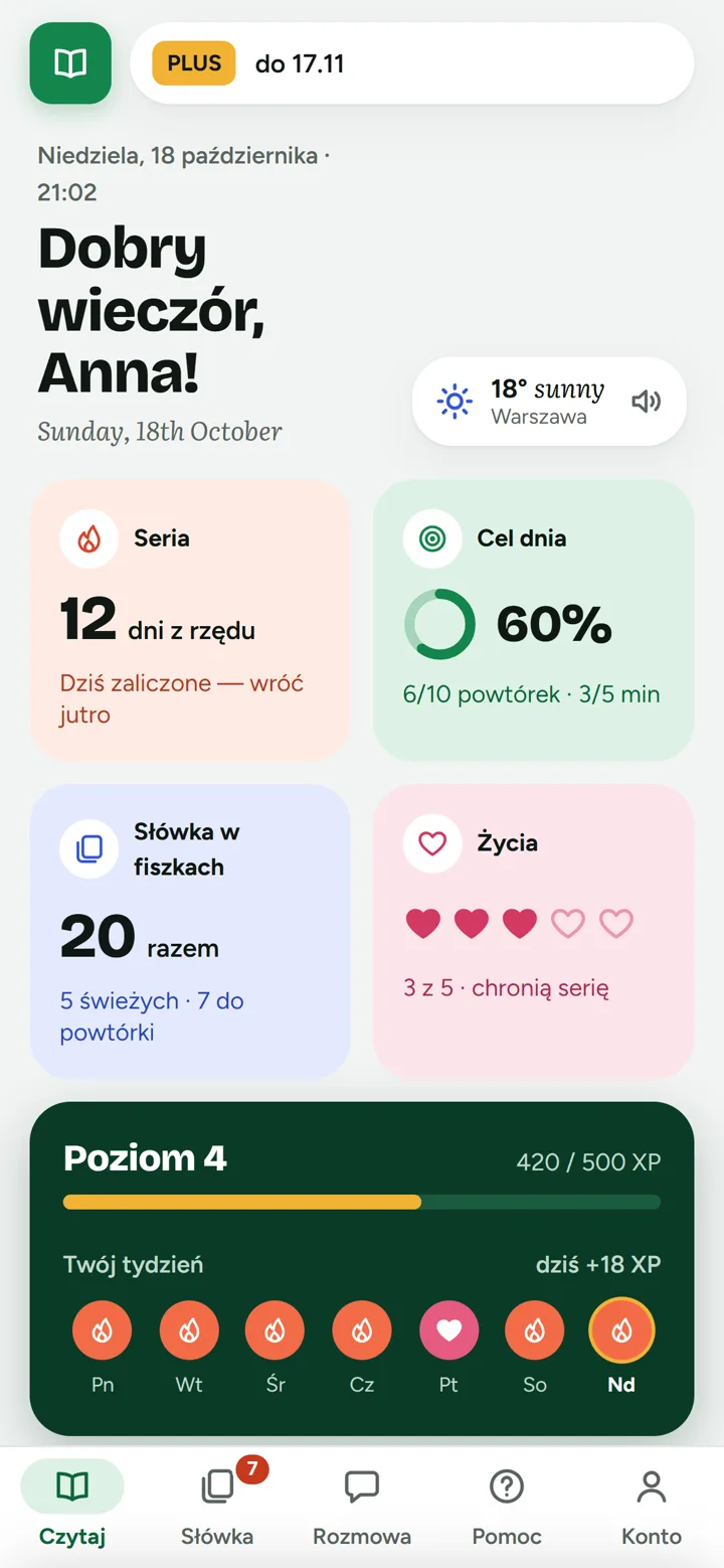 Ekran główny z kafelkami serii, celu dnia, słówek i żyć