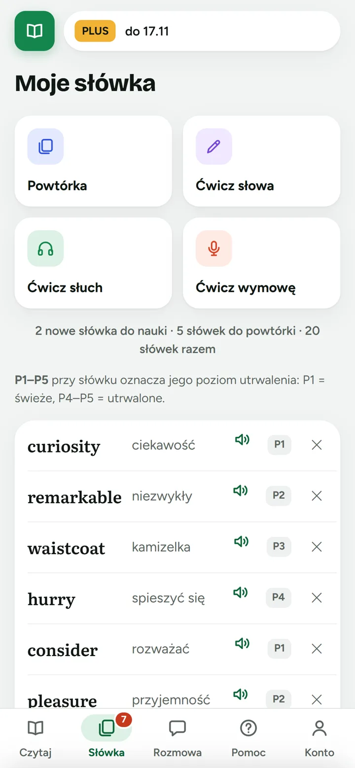 Lista słówek i cztery tryby ćwiczeń