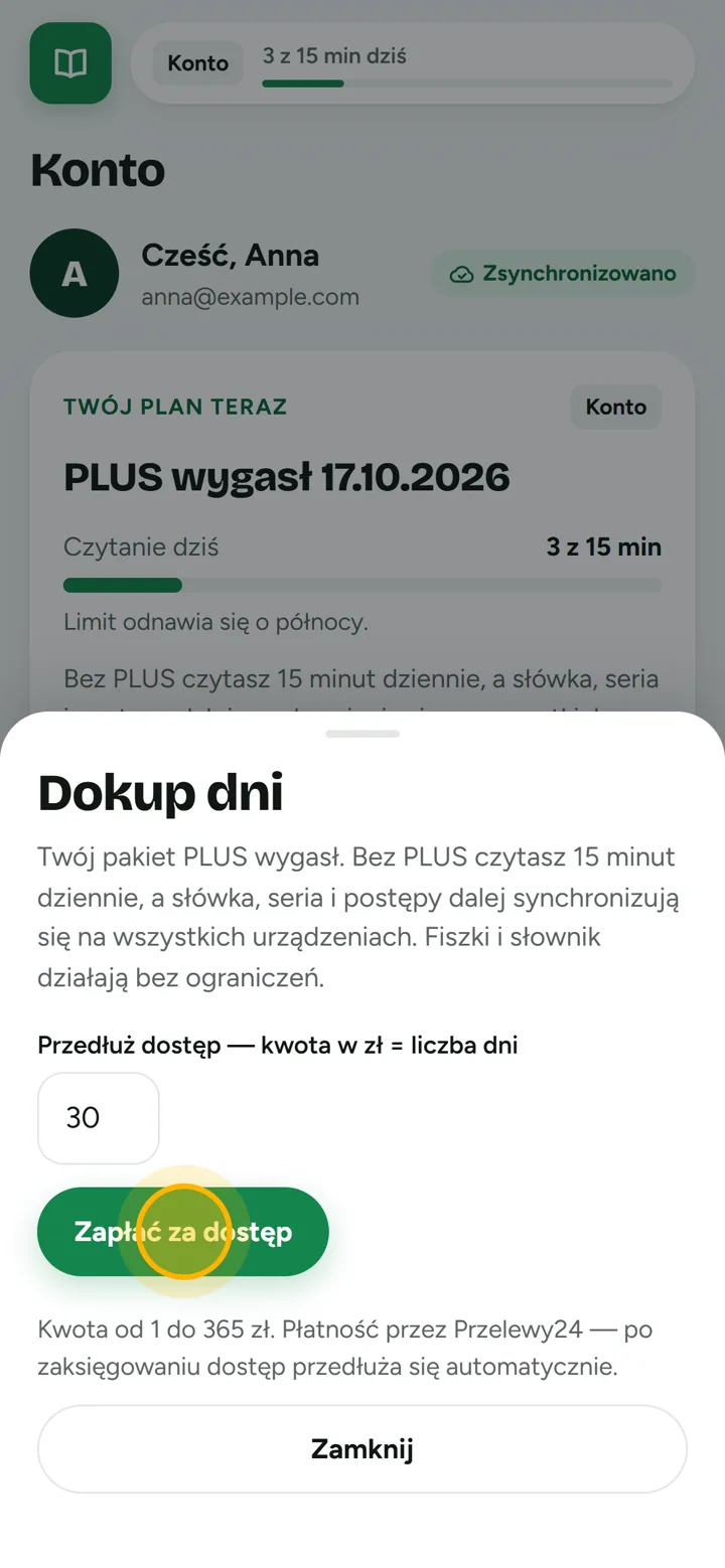 Okno przedłużenia dostępu z kwotą