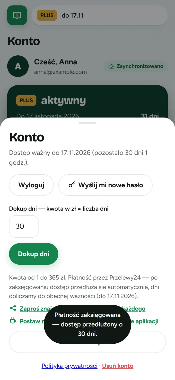 Potwierdzenie przedłużenia dostępu