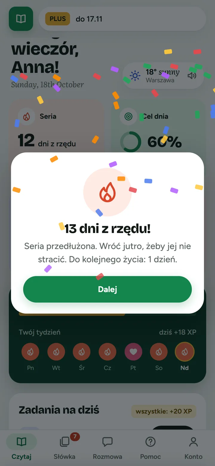 Okienko z gratulacjami za serię