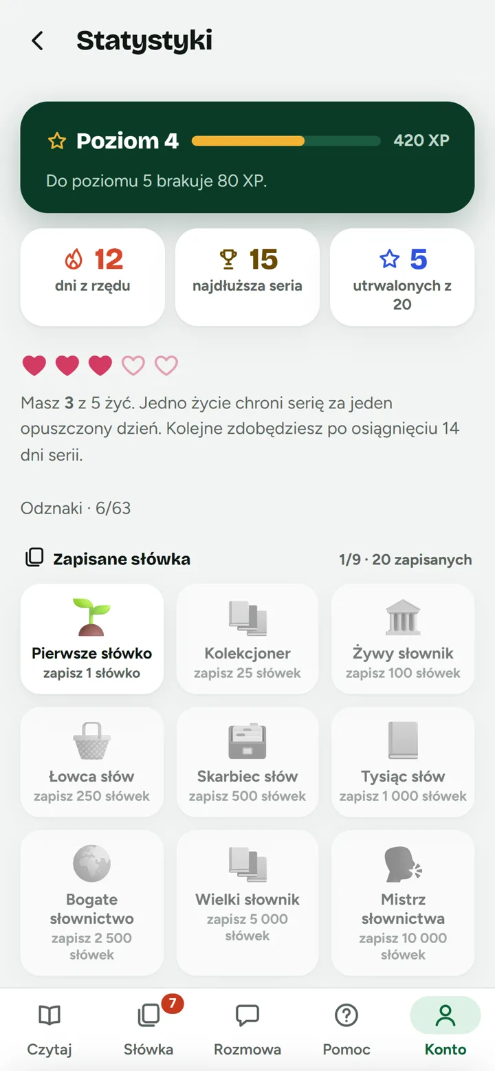 Statystyki: poziom, seria i życia