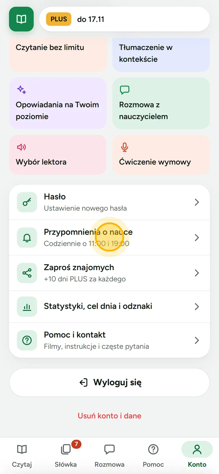 Zakładka Konto z wierszem Przypomnienia o nauce