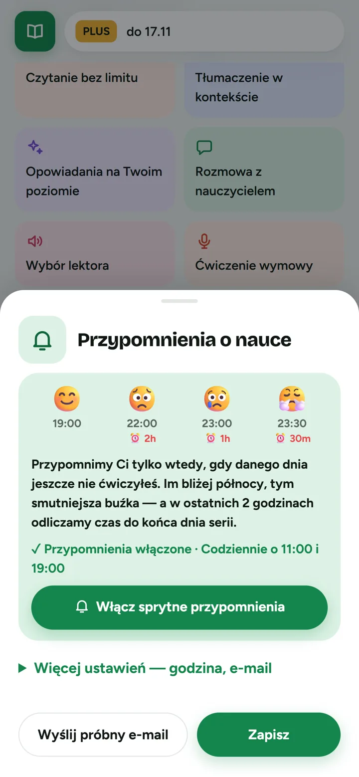 Wybór kanałów przypomnień: powiadomienia, e-mail