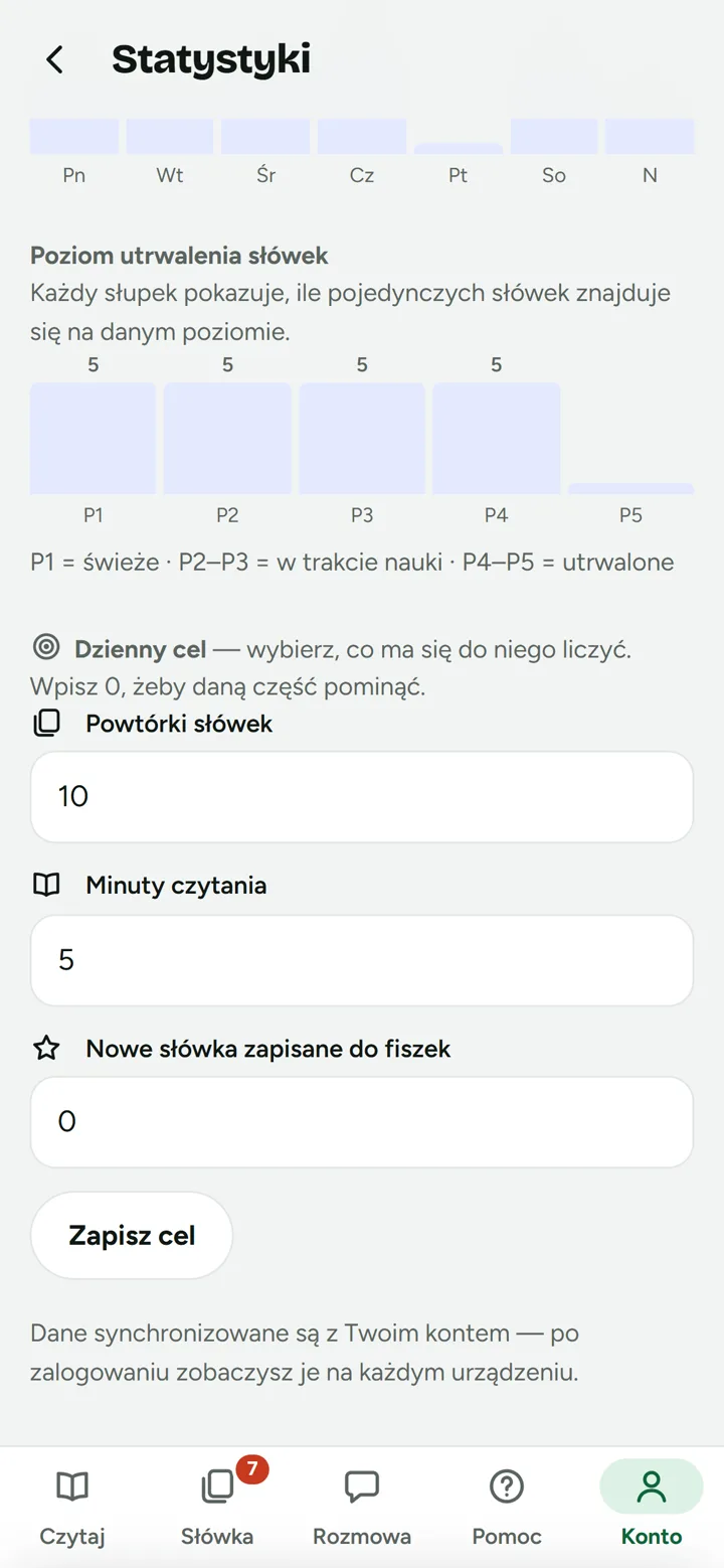 Ustawienia celu dnia: powtórki, minuty czytania, nowe słówka