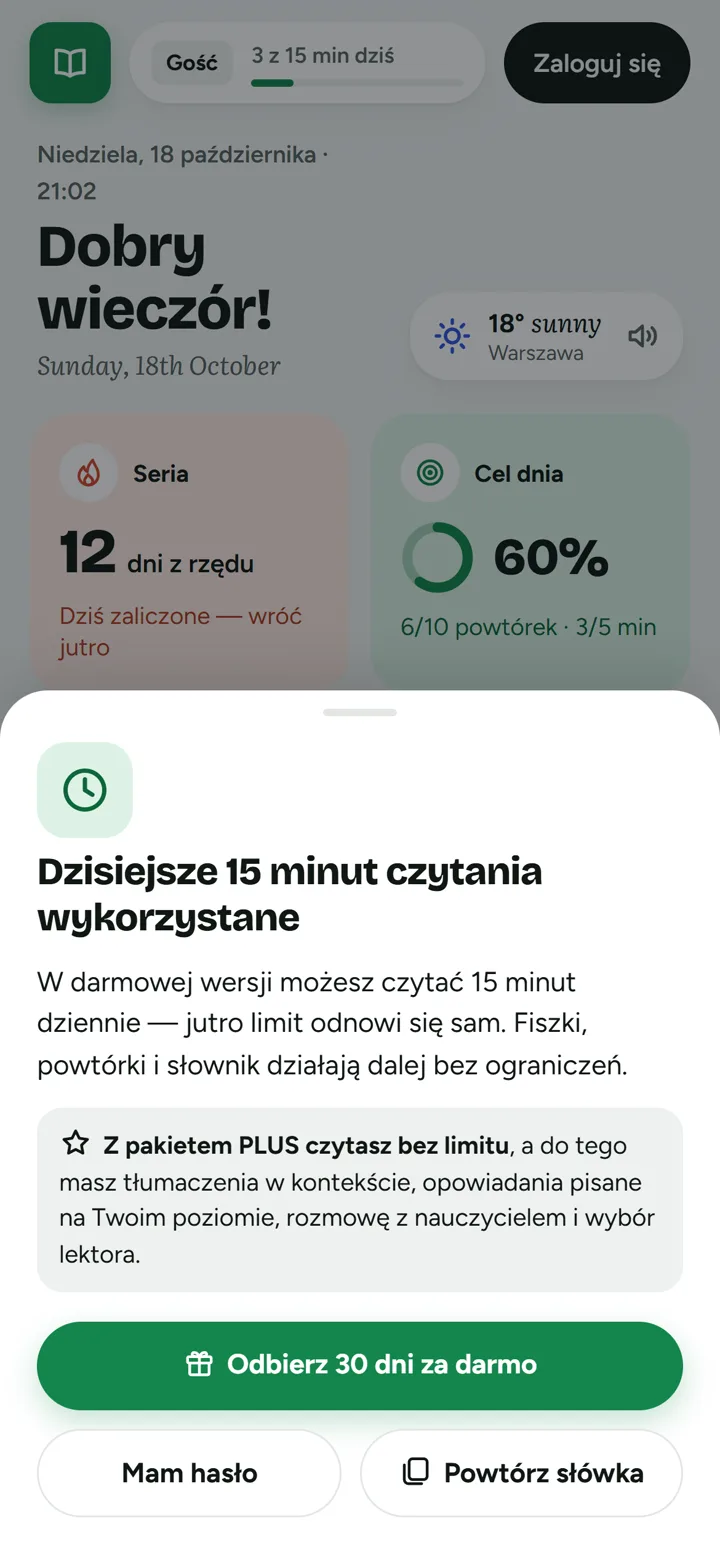 Okienko po wykorzystaniu 15 minut czytania
