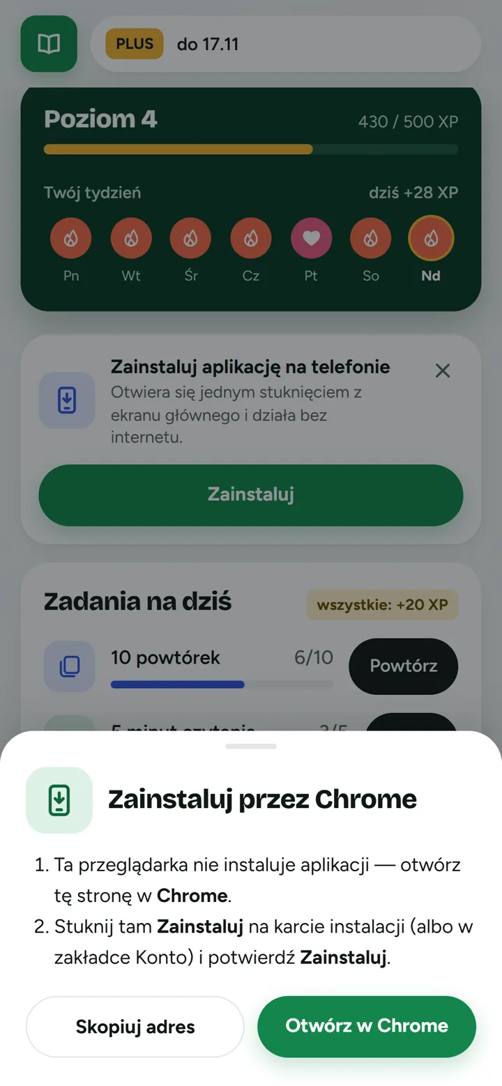 Okienko z przyciskiem Otwórz w Chrome