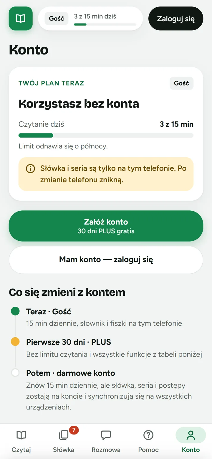 Zakładka Konto bez konta: plan i porównanie planów