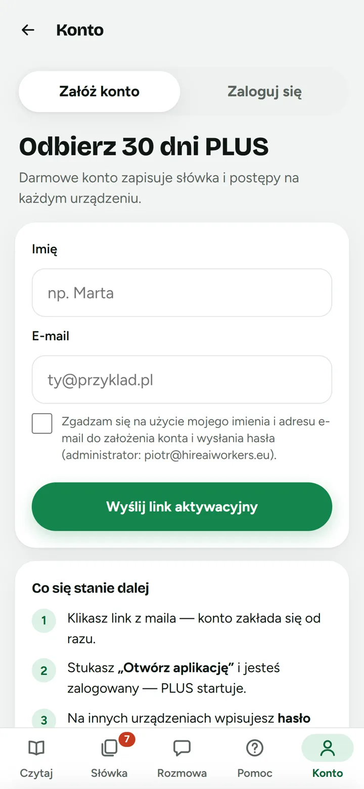 Zakładka Załóż konto: imię, e-mail i link aktywacyjny