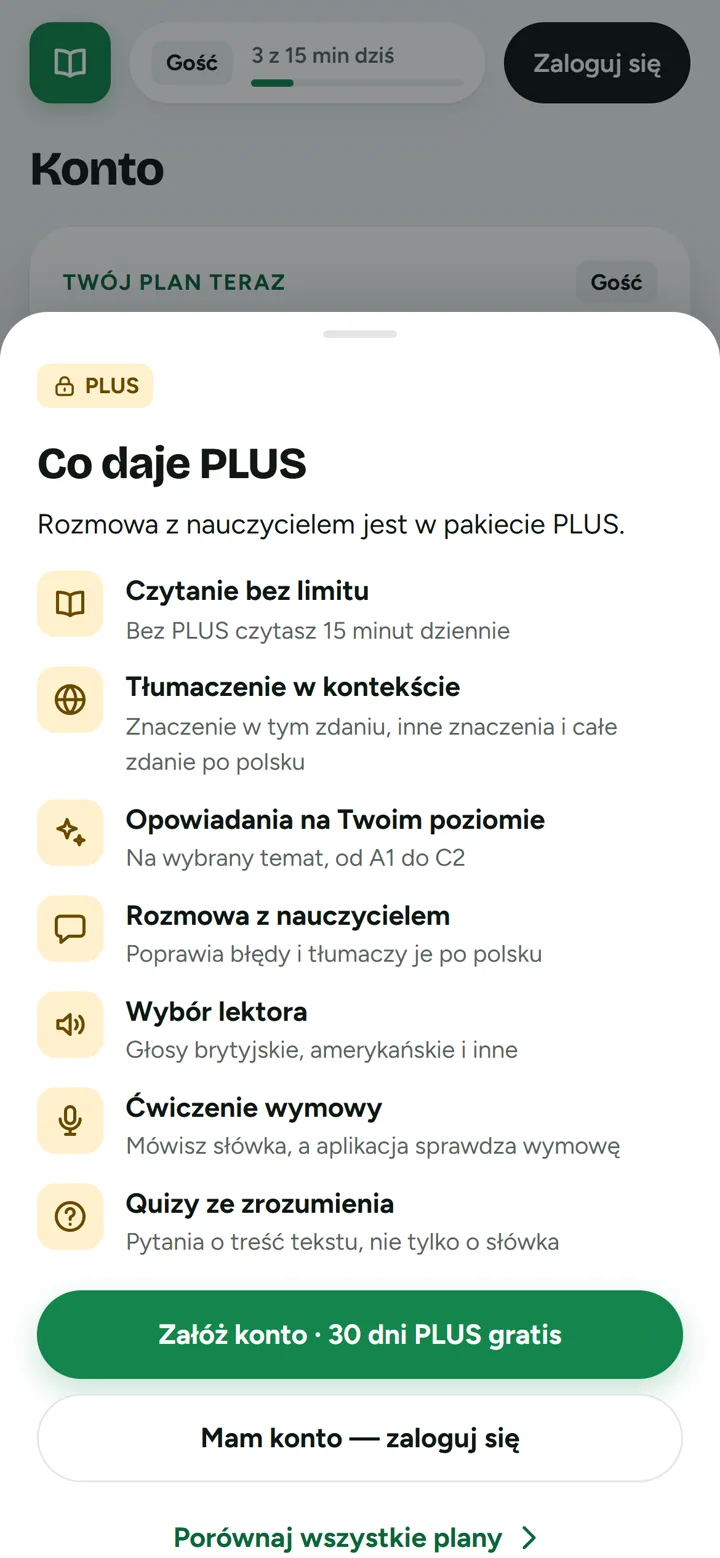 Okienko Co daje PLUS z listą korzyści