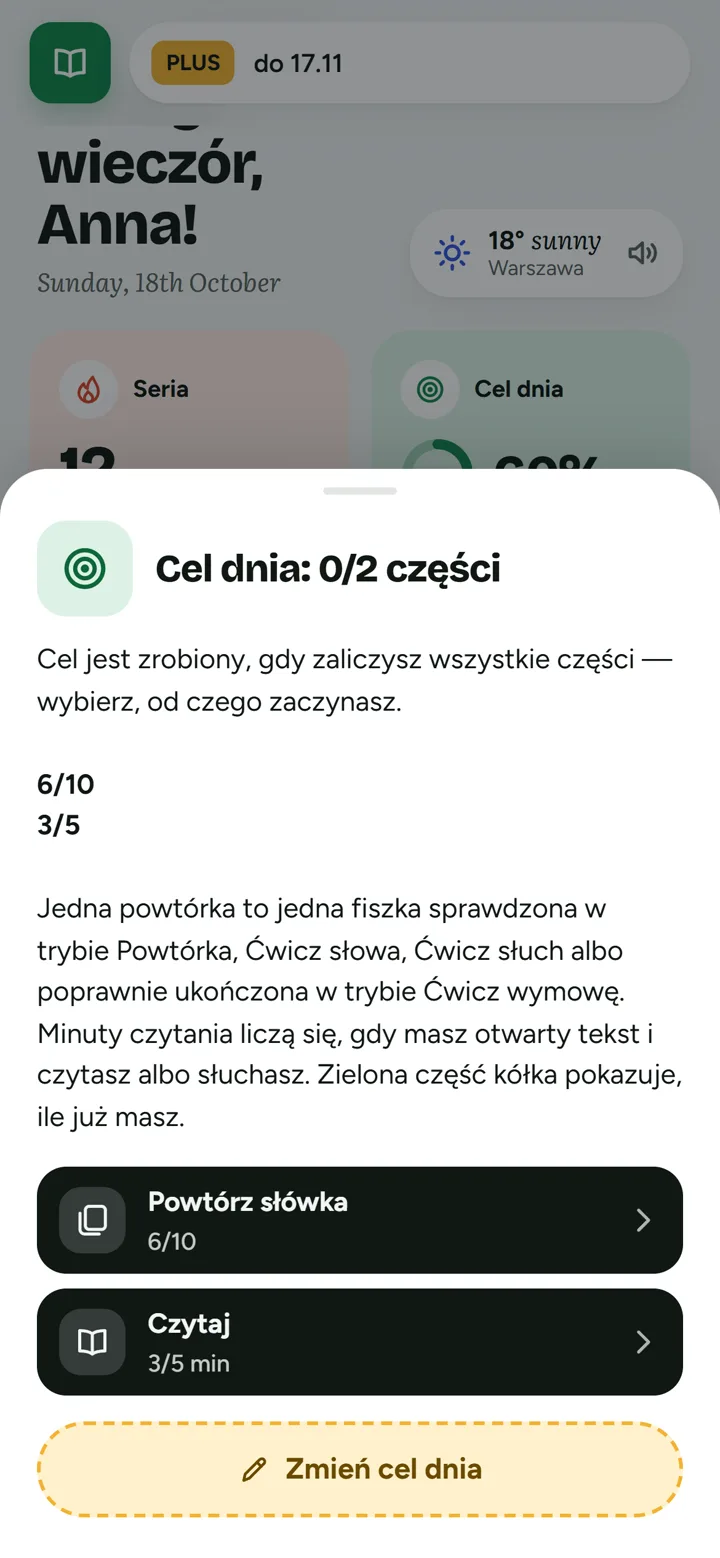 Okienko Cel dnia: części celu z przyciskami i Zmień cel dnia